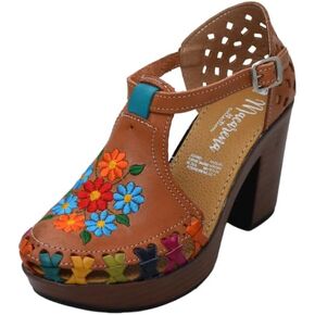 Macarena Collection Women's Handcrafted Leather Platform Sandals with Floral Embroidery - Comfortable Block Heel Model 134