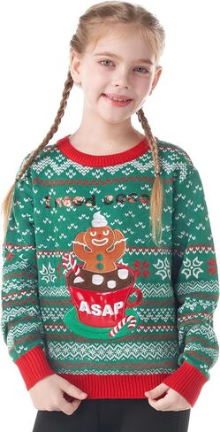 سترة Giggling Getup Ugly Christmas للأطفال، سترة عيد الميلاد المضحكة للأطفال، سترة قبيحة لرجل عيد الميلاد - مقاس كبير (10-12 سنة) أخضر in Kuwait