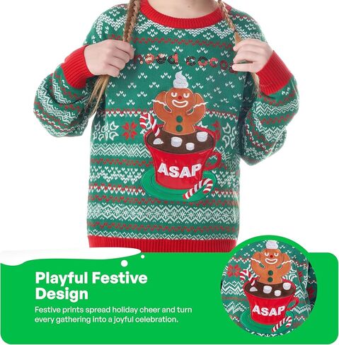 سترة Giggling Getup Ugly Christmas للأطفال، سترة عيد الميلاد المضحكة للأطفال، سترة قبيحة لرجل عيد الميلاد - مقاس كبير (10-12 سنة) أخضر in Kuwait