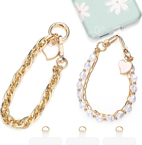 2 Pcs Pearl Beaded Phone Wrist Straps Anti Lost Wrist Lanyard Double Chain Cell Phone Charm with 3 Tether Tab Beaded Wristlet Bracelet for Women Men Phone Wallet Keychain Camera in Saudi Arabia