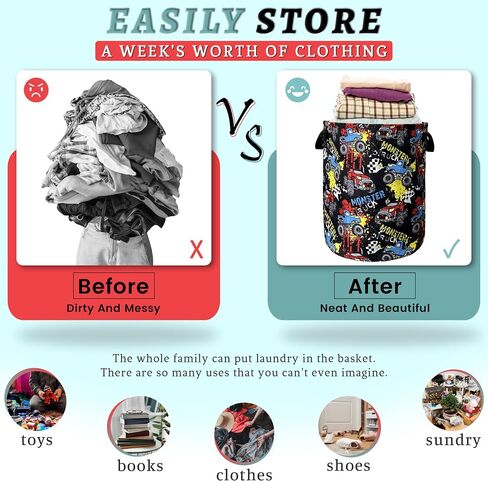 Funny Cars Printed Laundry Basket Foldable With Handles Tote Bag Oxford Cloth Colorful Laundry Hamper Clothes Storage Bucket Toy Organizer 18.9"x16.5"For Bathroom/Laundry/Bedroom in Saudi Arabia