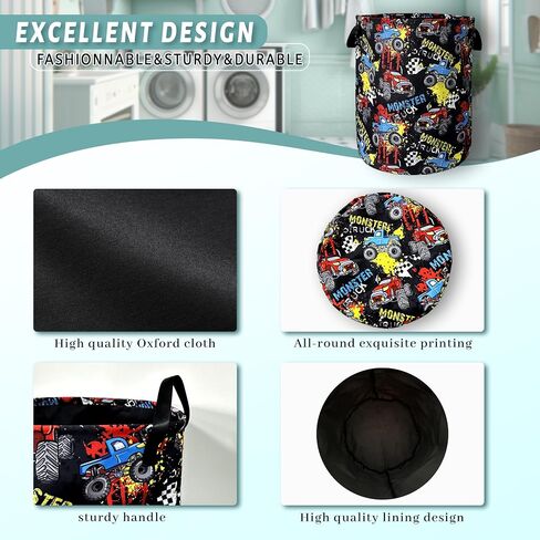 Funny Cars Printed Laundry Basket Foldable With Handles Tote Bag Oxford Cloth Colorful Laundry Hamper Clothes Storage Bucket Toy Organizer 18.9"x16.5"For Bathroom/Laundry/Bedroom in Saudi Arabia