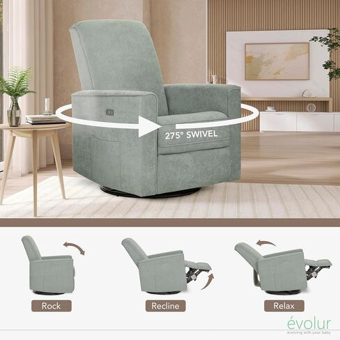 كرسي دوار منجد منجد فاخر من Evolur Harlow، كرسي كهربائي مزود بمنفذ USB، معتمد من Greenguard Gold، كرسي منزلق للحضانة في سيج in Kuwait