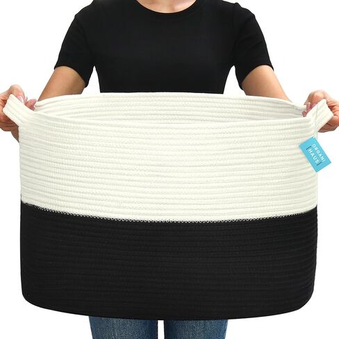 سلة كبيرة من الحبال القطنية من OrganiHaus XXX لبطانيات غرفة المعيشة مقاس 22 × 14، وسلة بطانية وسلال تخزين للتنظيم، وسلال غسيل للتخزين، وسلة ألعاب، وسلة منسوجة كبيرة، أسود/أبيض in Kuwait