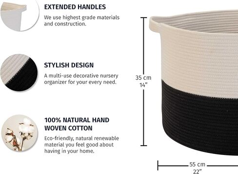 سلة كبيرة من الحبال القطنية من OrganiHaus XXX لبطانيات غرفة المعيشة مقاس 22 × 14، وسلة بطانية وسلال تخزين للتنظيم، وسلال غسيل للتخزين، وسلة ألعاب، وسلة منسوجة كبيرة، أسود/أبيض in Kuwait