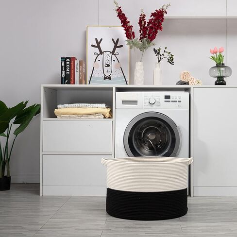 سلة كبيرة من الحبال القطنية من OrganiHaus XXX لبطانيات غرفة المعيشة مقاس 22 × 14، وسلة بطانية وسلال تخزين للتنظيم، وسلال غسيل للتخزين، وسلة ألعاب، وسلة منسوجة كبيرة، أسود/أبيض in Kuwait