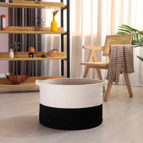 سلة كبيرة من الحبال القطنية من OrganiHaus XXX لبطانيات غرفة المعيشة مقاس 22 × 14، وسلة بطانية وسلال تخزين للتنظيم، وسلال غسيل للتخزين، وسلة ألعاب، وسلة منسوجة كبيرة، أسود/أبيض in Kuwait