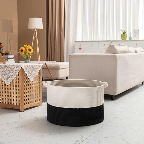 سلة كبيرة من الحبال القطنية من OrganiHaus XXX لبطانيات غرفة المعيشة مقاس 22 × 14، وسلة بطانية وسلال تخزين للتنظيم، وسلال غسيل للتخزين، وسلة ألعاب، وسلة منسوجة كبيرة، أسود/أبيض in Kuwait