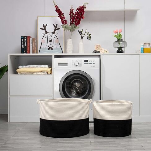 سلة كبيرة من الحبال القطنية من OrganiHaus XXX لبطانيات غرفة المعيشة مقاس 22 × 14، وسلة بطانية وسلال تخزين للتنظيم، وسلال غسيل للتخزين، وسلة ألعاب، وسلة منسوجة كبيرة، أسود/أبيض in Kuwait