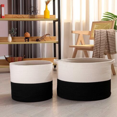 سلة كبيرة من الحبال القطنية من OrganiHaus XXX لبطانيات غرفة المعيشة مقاس 22 × 14، وسلة بطانية وسلال تخزين للتنظيم، وسلال غسيل للتخزين، وسلة ألعاب، وسلة منسوجة كبيرة، أسود/أبيض in Kuwait