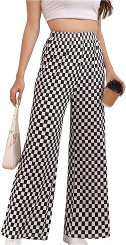 OYOANGLE Women's Checkered Printed High Elastic Waisted Wide Leg Pants Loose Fitted Streetwear Long Pants in Saudi Arabia