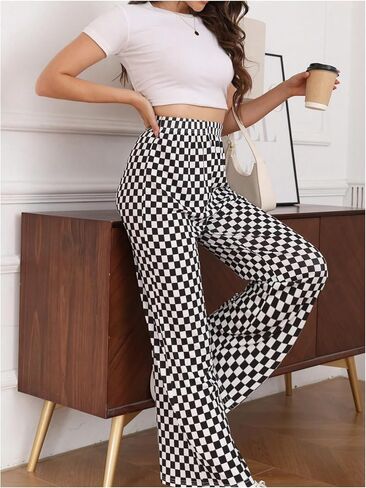 OYOANGLE Women's Checkered Printed High Elastic Waisted Wide Leg Pants Loose Fitted Streetwear Long Pants in Saudi Arabia