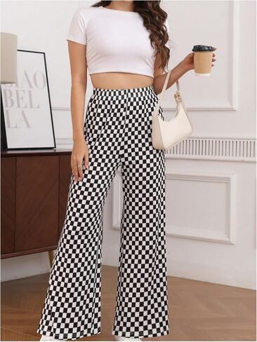 OYOANGLE Women's Checkered Printed High Elastic Waisted Wide Leg Pants Loose Fitted Streetwear Long Pants in Saudi Arabia