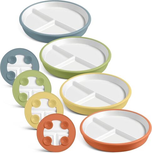 Domensi Porcelain Plates with Anti-slip Silicone Sleeve, White Porcelain Plates, Divided Plates with Suction for Toddlers Kids, Microwave Dishwasher Friendly(Purple, Pink,2 Pcs) in Saudi Arabia