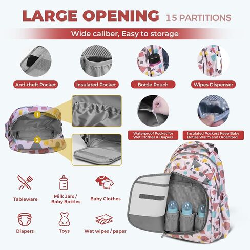 Diaper bag backpack with travel insulation bag Multifunction Travel Back Pack Maternity Baby Changing Bags Travel Backpack Diaper Bag for Mom Waterproof Baby Bag for Boys Girls - Pink in Kuwait