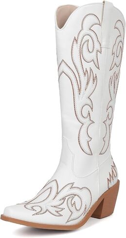Women's Embroider Cowgirl Boots Snip Toe Slip On Bridal Floral Cowboy Boots Casual Knee High Western Boots in Saudi Arabia