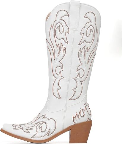 Women's Embroider Cowgirl Boots Snip Toe Slip On Bridal Floral Cowboy Boots Casual Knee High Western Boots in Saudi Arabia