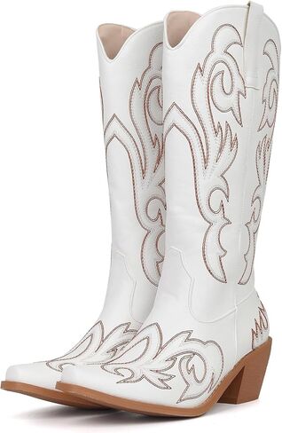 Women's Embroider Cowgirl Boots Snip Toe Slip On Bridal Floral Cowboy Boots Casual Knee High Western Boots in Saudi Arabia