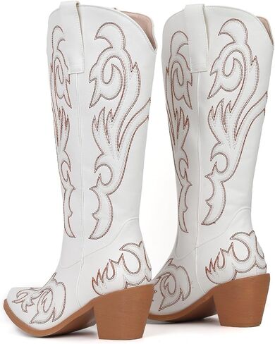 Women's Embroider Cowgirl Boots Snip Toe Slip On Bridal Floral Cowboy Boots Casual Knee High Western Boots in Saudi Arabia
