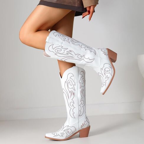 Women's Embroider Cowgirl Boots Snip Toe Slip On Bridal Floral Cowboy Boots Casual Knee High Western Boots in Saudi Arabia