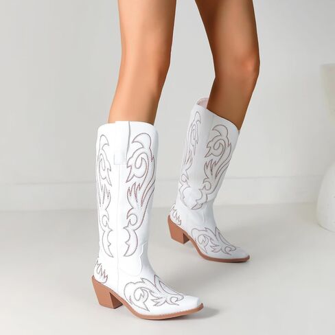 Women's Embroider Cowgirl Boots Snip Toe Slip On Bridal Floral Cowboy Boots Casual Knee High Western Boots in Saudi Arabia