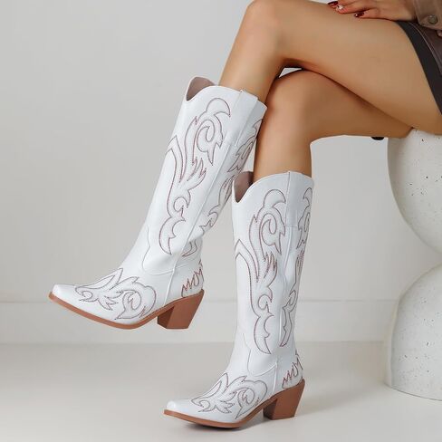 Women's Embroider Cowgirl Boots Snip Toe Slip On Bridal Floral Cowboy Boots Casual Knee High Western Boots in Saudi Arabia
