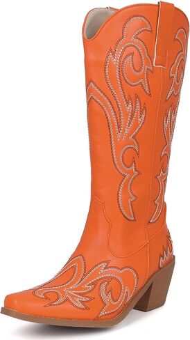 Women's Embroider Cowgirl Boots Snip Toe Slip On Bridal Floral Cowboy Boots Casual Knee High Western Boots in Saudi Arabia