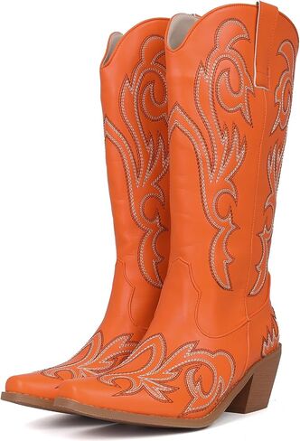 Women's Embroider Cowgirl Boots Snip Toe Slip On Bridal Floral Cowboy Boots Casual Knee High Western Boots in Saudi Arabia