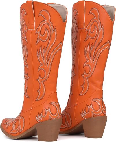 Women's Embroider Cowgirl Boots Snip Toe Slip On Bridal Floral Cowboy Boots Casual Knee High Western Boots in Saudi Arabia