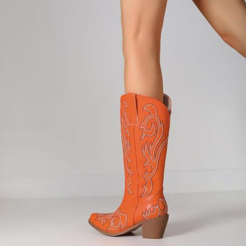 Women's Embroider Cowgirl Boots Snip Toe Slip On Bridal Floral Cowboy Boots Casual Knee High Western Boots in Saudi Arabia