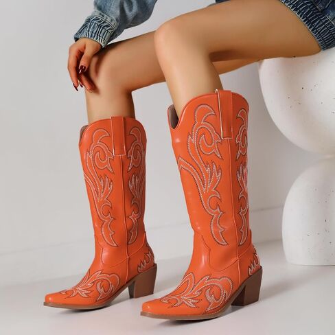 Women's Embroider Cowgirl Boots Snip Toe Slip On Bridal Floral Cowboy Boots Casual Knee High Western Boots in Saudi Arabia
