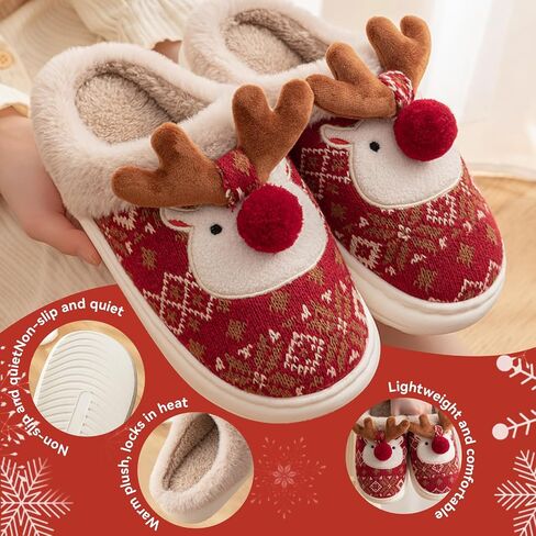 Christmas Slippers for Women Men,Retro Soft Cozy Comfy Plush Lightweight House Slippers Slip-on Indoor Outdoor Slippers,Slip on Anti-Skid Sole,Baby Cute Fluffy Reindeer Slippers,Toddler Deer Plush Soft Warm Home Slippers for Boy Girl,Indoor Shoes in Saudi Arabia