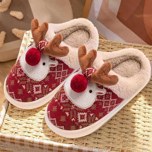 Christmas Slippers for Women Men,Retro Soft Cozy Comfy Plush Lightweight House Slippers Slip-on Indoor Outdoor Slippers,Slip on Anti-Skid Sole,Baby Cute Fluffy Reindeer Slippers,Toddler Deer Plush Soft Warm Home Slippers for Boy Girl,Indoor Shoes in Saudi Arabia