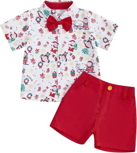 Toddler Baby Boy Christmas Outfit Button Up Short Sleeve Bowtie Shirt and Shorts Set Gentleman Outfits Suit in Saudi Arabia