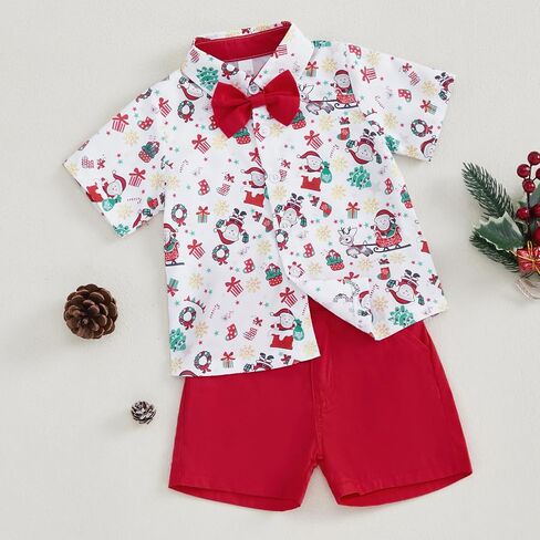 Toddler Baby Boy Christmas Outfit Button Up Short Sleeve Bowtie Shirt and Shorts Set Gentleman Outfits Suit in Saudi Arabia