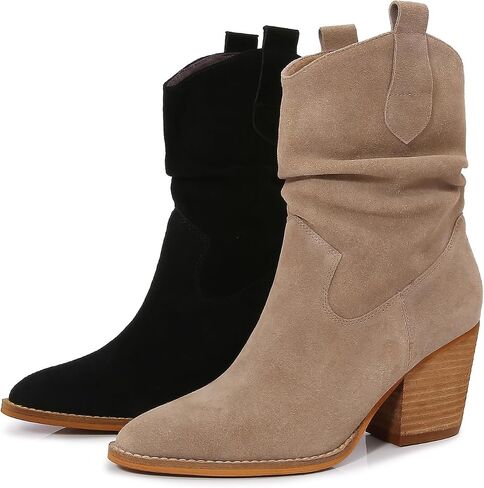 MM Women's Modern Western Short Cowboy Leather Boot with Pull-Up Tabs, Slip On Round Toe Chunky Wooden Mid Heel Cowgirl Boots for Girls Ladies Fall, Black Khaki in Saudi Arabia
