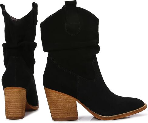 MM Women's Modern Western Short Cowboy Leather Boot with Pull-Up Tabs, Slip On Round Toe Chunky Wooden Mid Heel Cowgirl Boots for Girls Ladies Fall, Black Khaki in Saudi Arabia