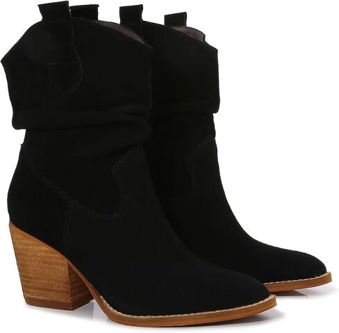 MM Women's Modern Western Short Cowboy Leather Boot with Pull-Up Tabs, Slip On Round Toe Chunky Wooden Mid Heel Cowgirl Boots for Girls Ladies Fall, Black Khaki in Saudi Arabia