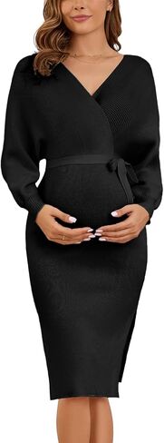 Ecavus Women's Maternity Nursing Dress V-Neck Maternity Dress for Photoshoot Side Slit Pregnancy Sweater Dress with Belt in Kuwait