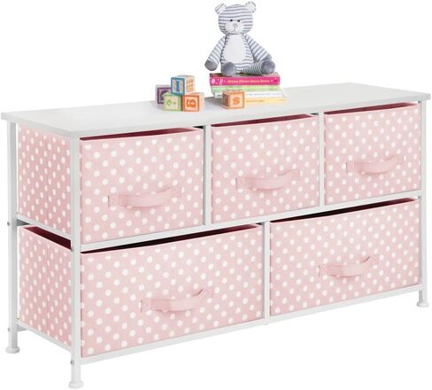 mDesign 21.65" High Steel Frame/Wood Top Storage Dresser Furniture with 5 Fabric Drawers, Wide Bureau Organizer for for Baby, Kid, and Teen Bedroom, Nursery, Playroom, Dorm - Pink/White Polka Dot in Saudi Arabia