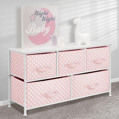 mDesign 21.65" High Steel Frame/Wood Top Storage Dresser Furniture with 5 Fabric Drawers, Wide Bureau Organizer for for Baby, Kid, and Teen Bedroom, Nursery, Playroom, Dorm - Pink/White Polka Dot in Saudi Arabia