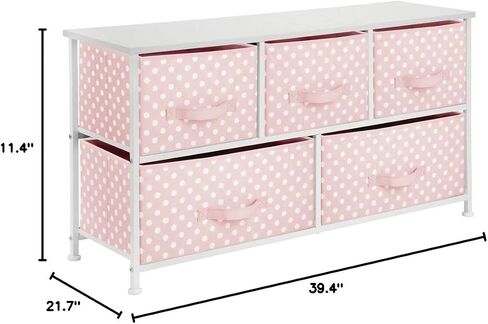 mDesign 21.65" High Steel Frame/Wood Top Storage Dresser Furniture with 5 Fabric Drawers, Wide Bureau Organizer for for Baby, Kid, and Teen Bedroom, Nursery, Playroom, Dorm - Pink/White Polka Dot in Saudi Arabia