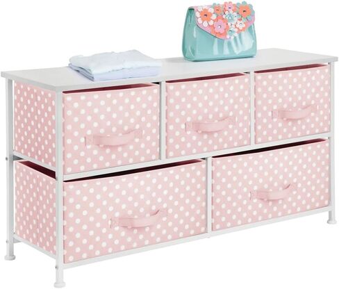 mDesign 21.65" High Steel Frame/Wood Top Storage Dresser Furniture with 5 Fabric Drawers, Wide Bureau Organizer for for Baby, Kid, and Teen Bedroom, Nursery, Playroom, Dorm - Pink/White Polka Dot in Saudi Arabia