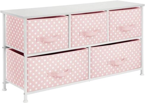 mDesign 21.65" High Steel Frame/Wood Top Storage Dresser Furniture with 5 Fabric Drawers, Wide Bureau Organizer for for Baby, Kid, and Teen Bedroom, Nursery, Playroom, Dorm - Pink/White Polka Dot in Saudi Arabia
