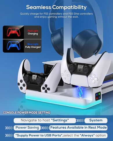 حامل MENEEA PS5 PRO Digital وPS5 Slim RGB الأفقي ومحطة تبريد تلقائية مع مروحة 3 تروس، وشاحن PS5 مزدوج (الحافة) لجهاز PlayStation 5، مع 14 وضعًا لإضاءة RGB وحامل سماعة رأس قابل للإزالة in Kuwait