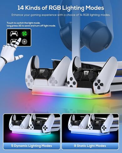حامل MENEEA PS5 PRO Digital وPS5 Slim RGB الأفقي ومحطة تبريد تلقائية مع مروحة 3 تروس، وشاحن PS5 مزدوج (الحافة) لجهاز PlayStation 5، مع 14 وضعًا لإضاءة RGB وحامل سماعة رأس قابل للإزالة in Kuwait