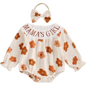 Infant Baby Girls Smocked Romper Flower MaMas Girl Print Puff Long Sleeve Bubble Jumpsuit Fall Cotton Linen Tops