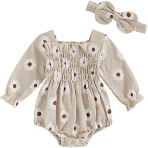 FOMOYUU Newborn Baby Girl Romper Fall Long Sleeve Square Neck Smocked Flower Print Clothes Outfit with Headband