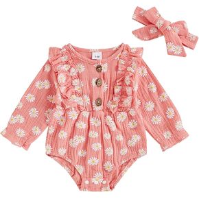 Infant Girl Floral Long Sleeve Cotton Romper Newborn Baby One Piece Rompers Fall Ruffled Bodysuit Top with Headband