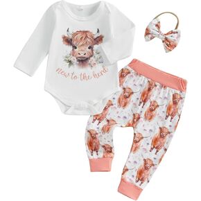 Western Baby Girl Fall Clothes New To The Herd Long Sleeve Romper Cow Print Long Pants Set Headband 3pcs Inant Outfit